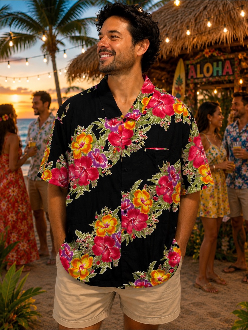 Rima Hawaiian Aloha Shirt 2XL Black Floral Tropical Hibiscus Camp Resort Shirt